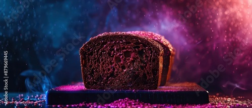 Slice of dark bread with seeds, neon, deep colors, high contrast