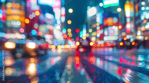 The image shows an urban street bustling with blurred traffic lights and cars on a rainy night, capturing the vibrant energy and chaotic beauty of a modern city in motion.