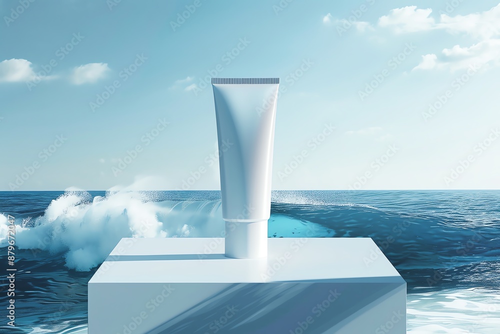 Minimalistic skincare product tube placed on a platform with a scenic ocean backdrop, promoting beauty and freshness. Minimalistic skincare product tube placed on a platform with a scenic ocean backdrop, promoting beauty and freshness.