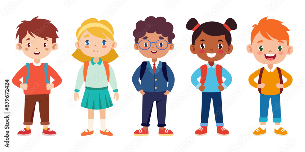 A group of children are standing in a row, all wearing backpacks. They are all smiling and seem to be happy A group of children are standing in a row, all wearing backpacks. They are all smiling and seem to be happy