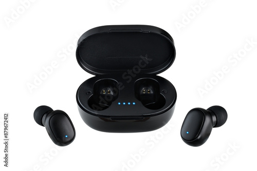  Wireless headphones in black case isolated on white background.