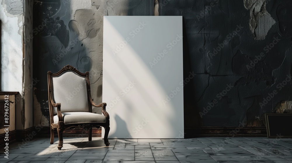 A blank white poster template stands on the floor near a dark, shabby wall. Picture mockup for pattern,illustrations.photos. Interior in classic style. Vintage armchair near old wall A blank white poster template stands on the floor near a dark, shabby wall. Picture mockup for pattern,illustrations.photos. Interior in classic style. Vintage armchair near old wall