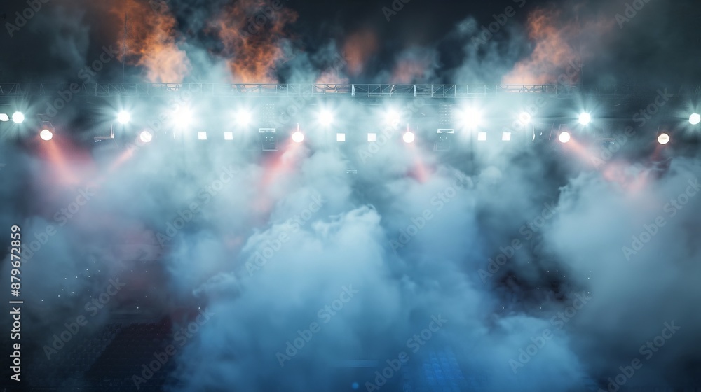 Bright spotlights in a stadium shining through dense fog, creating a powerful and enigmatic atmosphere. Perfect for sports events, night games, and dynamic moments. Bright spotlights in a stadium shining through dense fog, creating a powerful and enigmatic atmosphere. Perfect for sports events, night games, and dynamic moments.