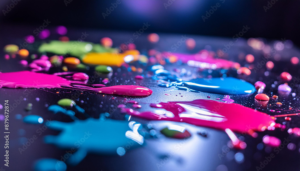 Neon paint splatters on dark surface. Vibrant fresh paints. Neon paint splatters on dark surface. Vibrant fresh paints.