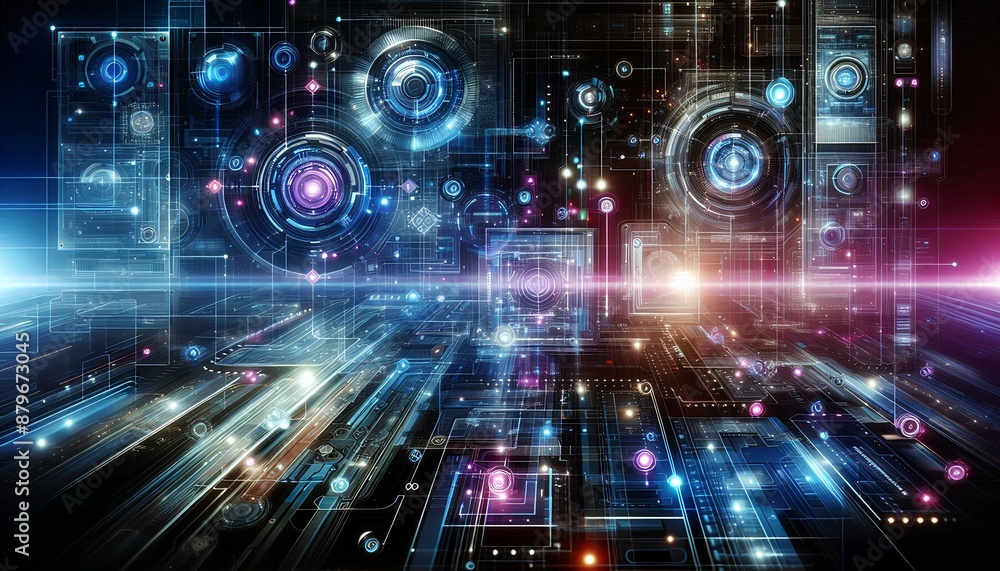 Obraz premium Futuristic Digital Network with Advanced Circuitry and Glowing Interfaces HiTech Cyber Environment