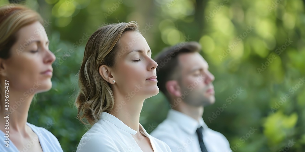 Corporate Professionals Find Mental Peace and Strength Through Meditation in a Peaceful Forest. Concept Corporate Wellness, Meditation Retreat, Forest Therapy, Stress Relief, Mental Health Corporate Professionals Find Mental Peace and Strength Through Meditation in a Peaceful Forest. Concept Corporate Wellness, Meditation Retreat, Forest Therapy, Stress Relief, Mental Health