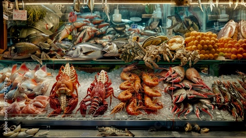 Fresh seafood at a market stall with an array of lobsters, crabs, and fish. This vibrant display showcases the bounty of the sea. Perfect for culinary visuals and food enthusiasts. AI