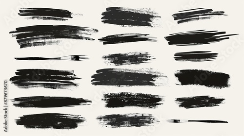 A collection of various black brush strokes on a white background, showcasing different styles and textures of paint application for digital design and art projects.