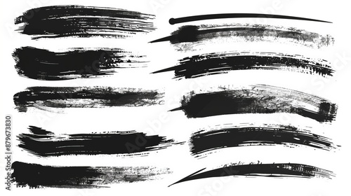 A variety of black brush strokes on a white canvas, demonstrating different artistic styles and textures, ideal for enhancing digital art and design projects.