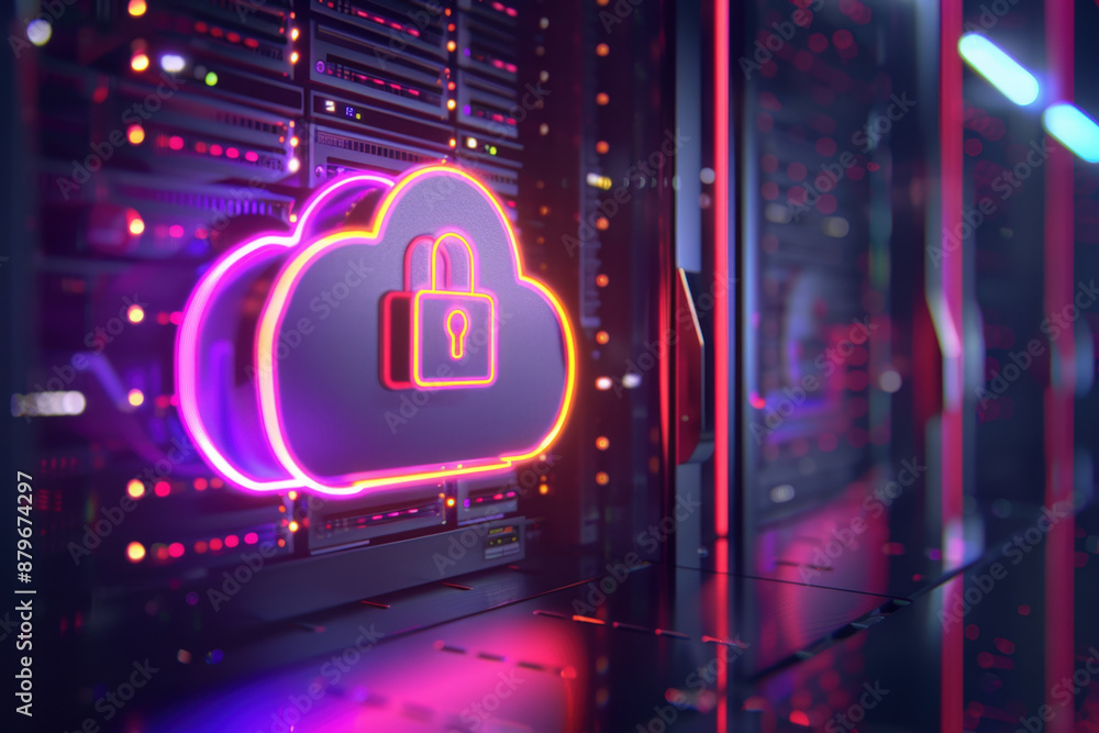 Glowing neon cloud with a padlock is hovering in front of rows of network servers, representing the concept of cloud computing security