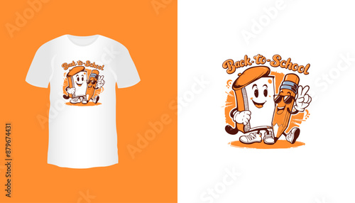 Back to school logo T-shirt print with a funny cartoon character. Vector illustration isolated on white and orange background. t-shart-mockup photo