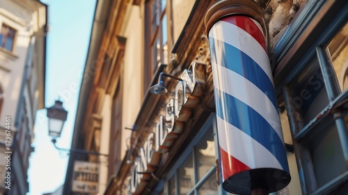 Traditional Barber Pole Sign at Hairdresser Salon Building : Generative AI