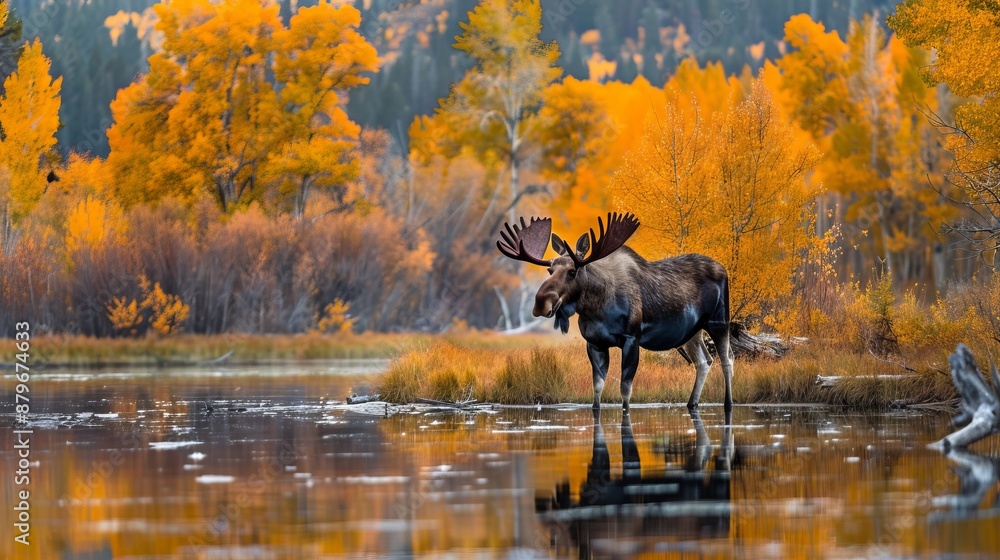 A majestic moose stands by the tranquil lake with vibrant autumn foliage in the background, reflecting golden hues on the water, embodying wilderness and calmness. A majestic moose stands by the tranquil lake with vibrant autumn foliage in the background, reflecting golden hues on the water, embodying wilderness and calmness.