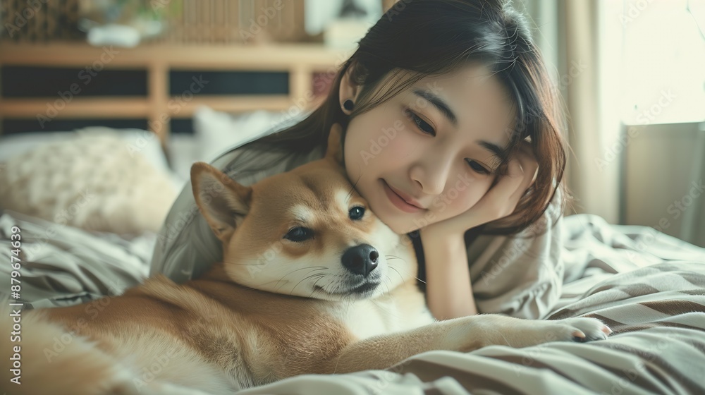 Young Asian Woman Engaging in Playtime with Her Beloved Shiba Dog in Bedroom Playful Happiness with Pets : Generative AI Young Asian Woman Engaging in Playtime with Her Beloved Shiba Dog in Bedroom Playful Happiness with Pets : Generative AI