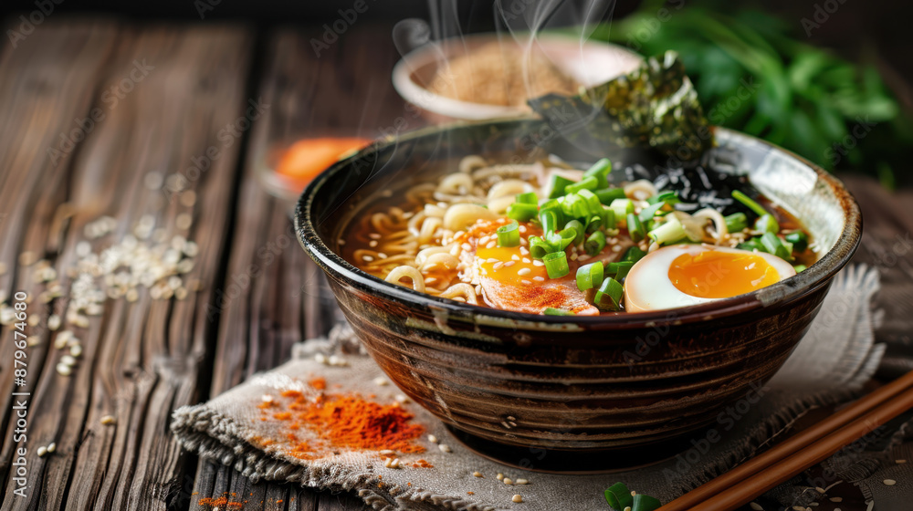 Steaming bowl of delicious ramen with boiled egg, green onions, nori, and sesame seeds on rustic wooden table Steaming bowl of delicious ramen with boiled egg, green onions, nori, and sesame seeds on rustic wooden table