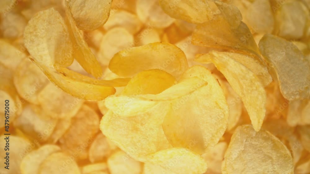 Super Slow Motion Shot of Falling Potato Chips Followed by Camera at 1000 fps. Super Slow Motion Shot of Falling Potato Chips Followed by Camera at 1000 fps.