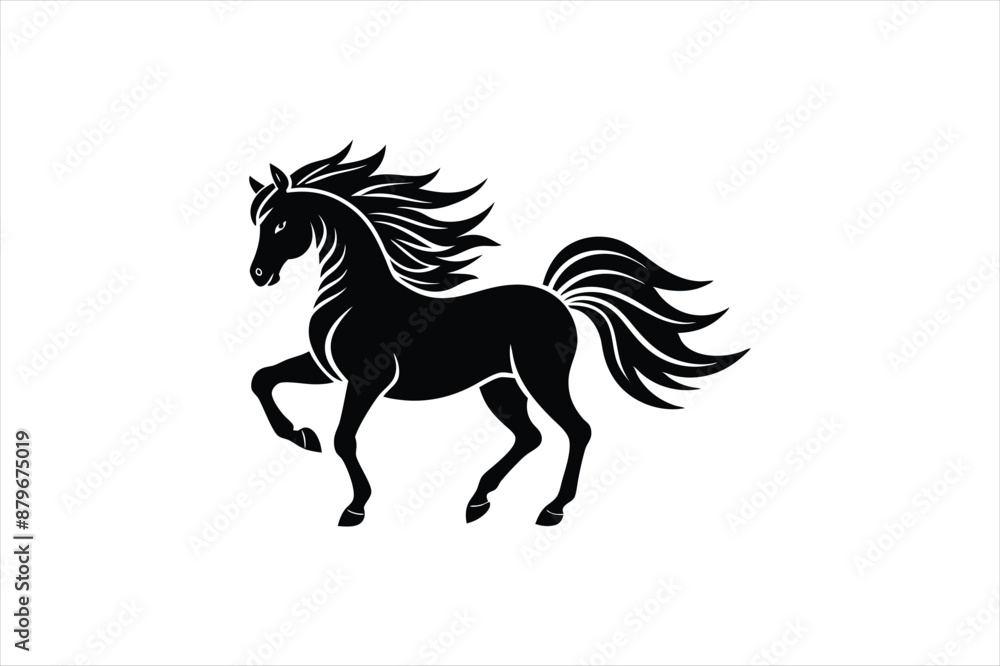 A powerful and majestic linocut horse silhouette, with flowing mane and tail A powerful and majestic linocut horse silhouette, with flowing mane and tail