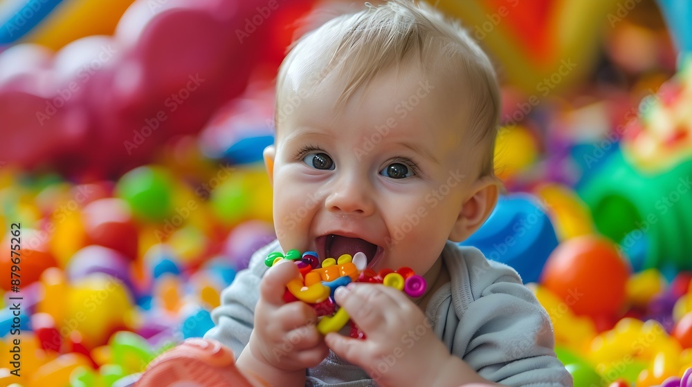 Obraz premium Cute baby boy nibbles and eats colourful toys because her small new teeth grow Playground for babies : Generative AI