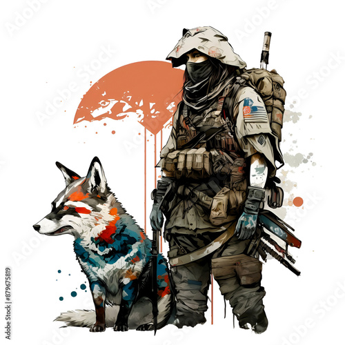 A soldier with a dog design in okami style photo