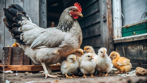 chicken with chicks on a plain background