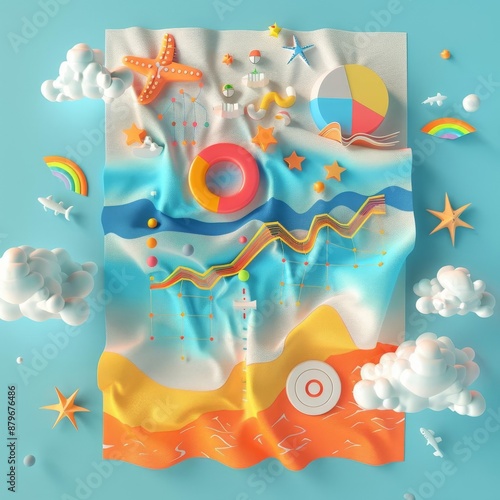 Summerthemed 3D render of a beach towel imprinted with dynamic data visualizations photo