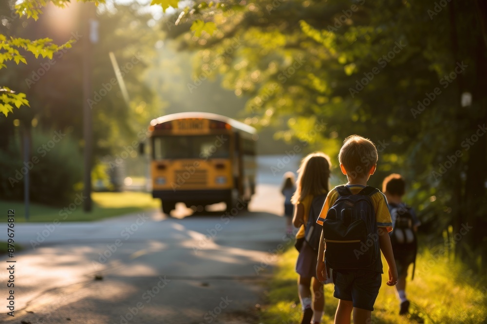 Obraz premium School Bus Pickup: Young Students Ready for Class