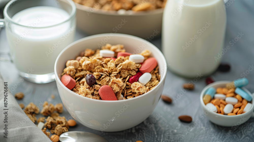 Granola cereal mixed with assorted capsules and tablets in white bowl with milk on table Granola cereal mixed with assorted capsules and tablets in white bowl with milk on table