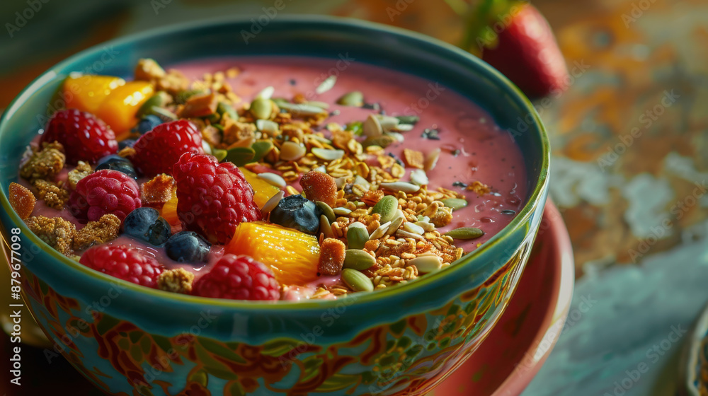 Colorful smoothie bowl with fresh berries, granola, seeds, and fruit chunks in a vibrant patterned bowl Colorful smoothie bowl with fresh berries, granola, seeds, and fruit chunks in a vibrant patterned bowl