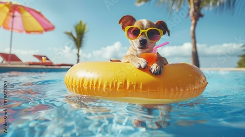 Cool dog relaxing in a pool on a summer day.