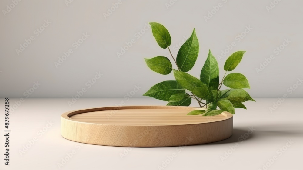 Wooden podium for product presentation with green leaves. Wooden podium for product presentation with green leaves.