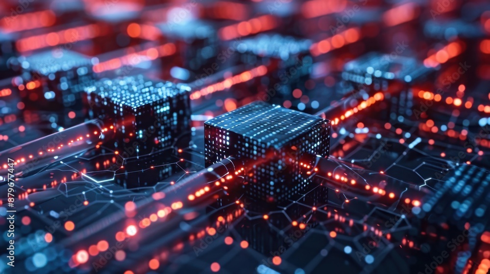 Obraz premium Blockchain security architecture, featuring secure ledger visuals, in a decentralized network environment, emphasizing transaction integrity.