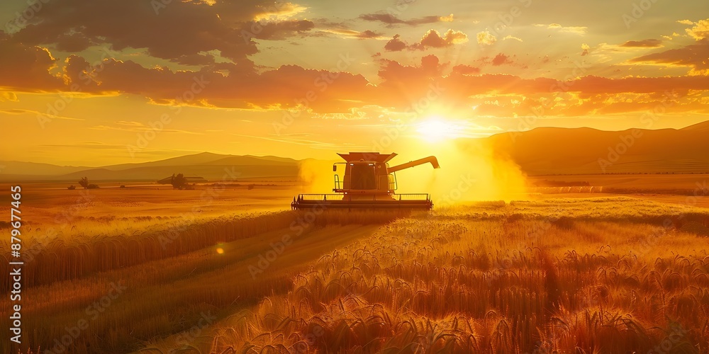 Fototapeta premium Harvesting wheat in a vast field at sunset. Concept Nature Photography, Agriculture, Golden Hour, Harvest Season, Rural Landscapes
