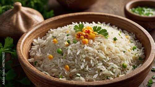 plate of delicious white rice. Yellow rice. Dry rice. Cooked rice. Rice with spices. Rice in a bowl. Rissoto.