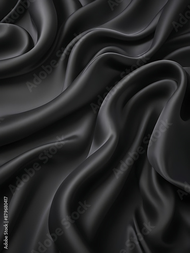 Black silk background with dark luxurious fabric draped texture folds in waves of flowing soft pattern, abstract satin or velvet cloth in luxury material design. ai