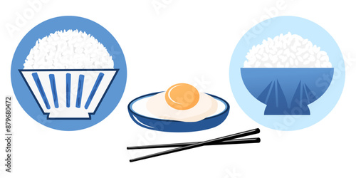 Rice bowl with chopsticks and 
fried egg icon set isolated on white background vector.