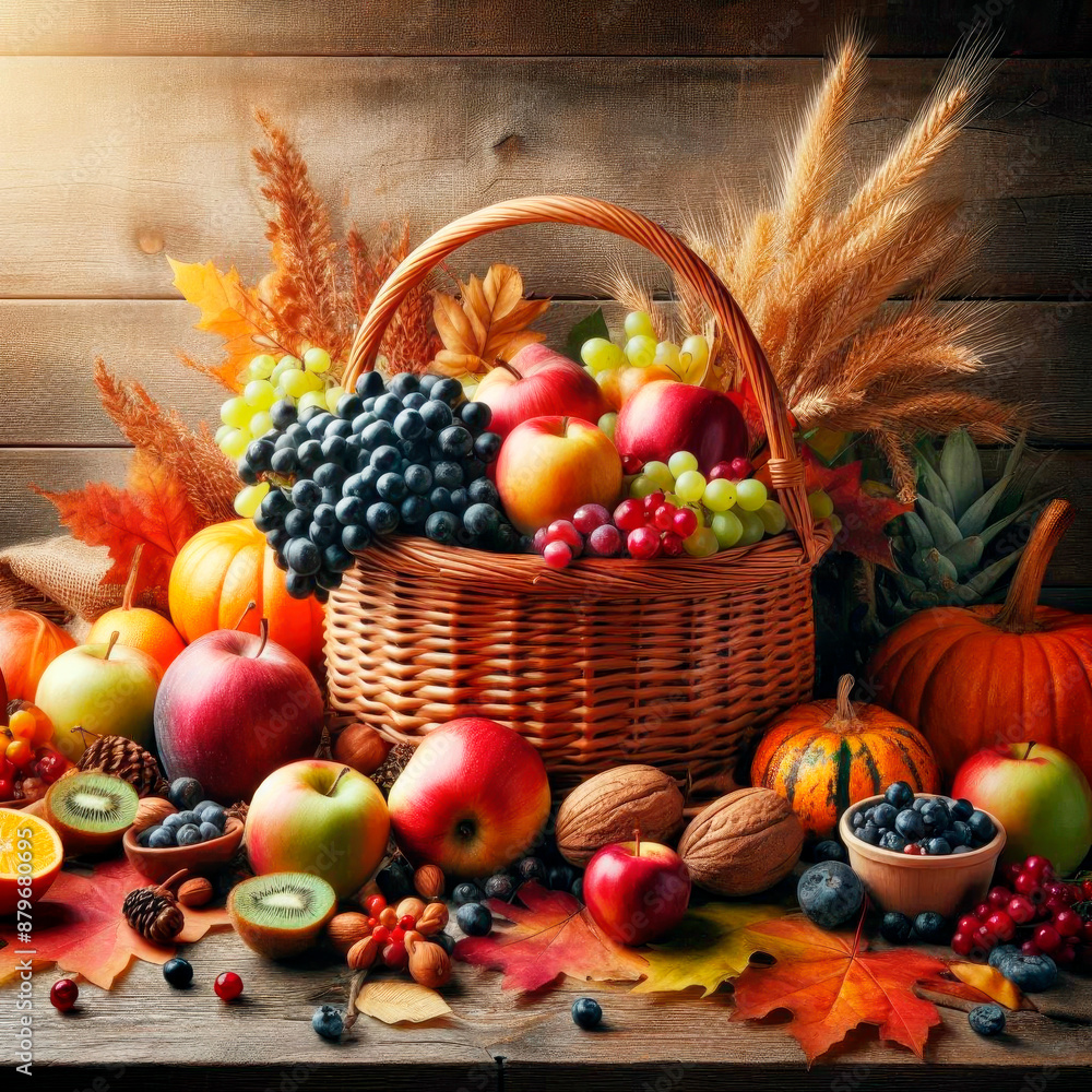 Basket with autumn fruits on a wooden background, rustic style. Harvest concept Basket with autumn fruits on a wooden background, rustic style. Harvest concept
