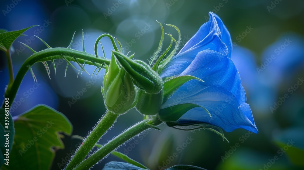 Obraz premium Morning Glory Bud Poised to Unveil Blue Blossoms at Daybreak