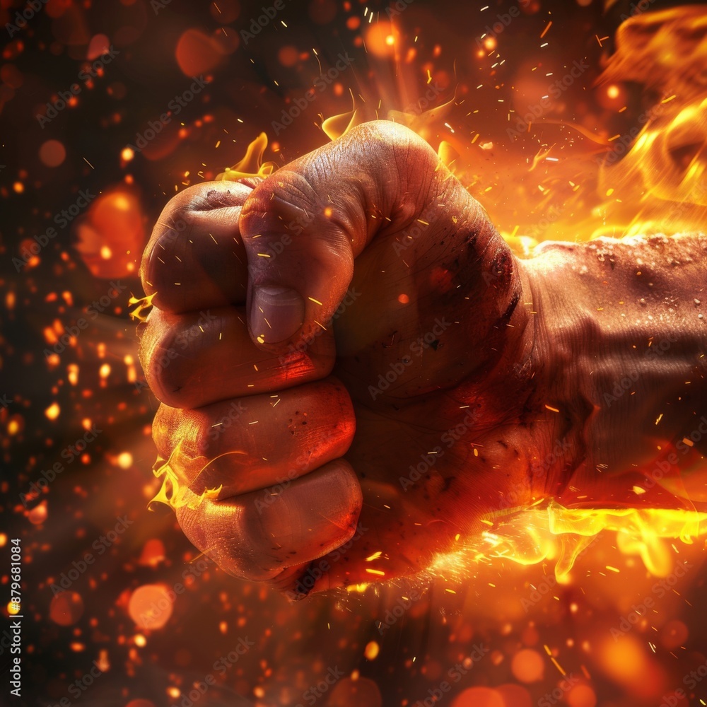 A fist is shown with a lot of fire and sparks surrounding it. Concept of power and intensity, as if the person is about to unleash a powerful punch. The fire and sparks add to the dramatic effect A fist is shown with a lot of fire and sparks surrounding it. Concept of power and intensity, as if the person is about to unleash a powerful punch. The fire and sparks add to the dramatic effect