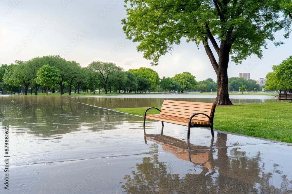 A park bench is sitting in a flooded area A park bench is sitting in a flooded area