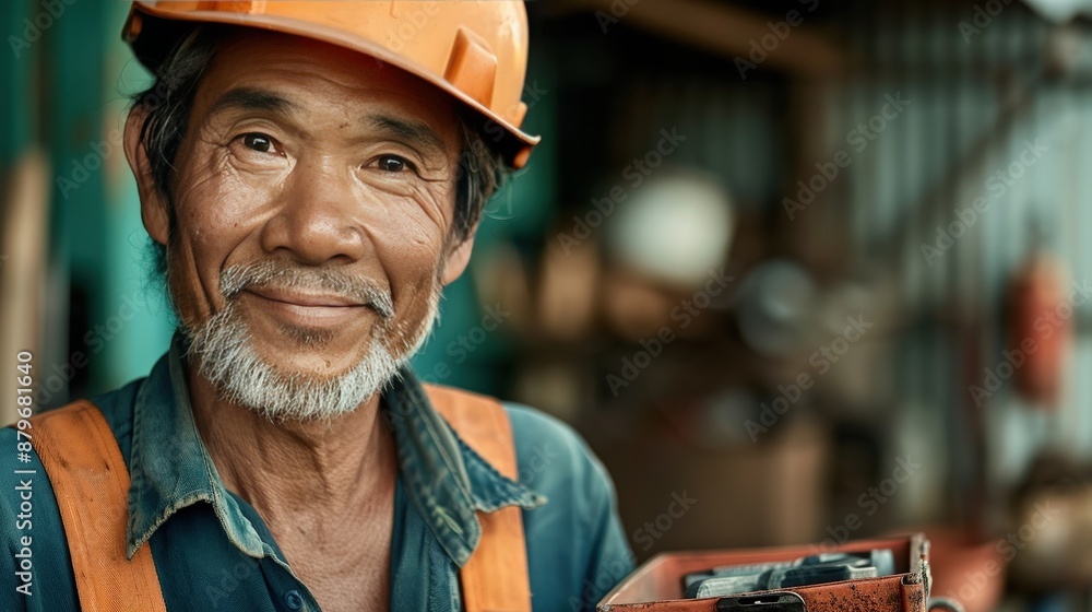 A senior Asian man smiles warmly while wearing a hard hat and work overalls. He looks experienced and confident.