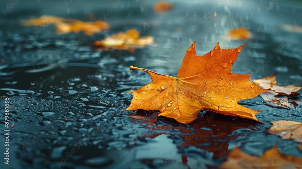 A single orange leaf lies on wet pavement, surrounded by raindrops and other fallen leaves. The autumn colors and rain create a moody atmosphere. A single orange leaf lies on wet pavement, surrounded by raindrops and other fallen leaves. The autumn colors and rain create a moody atmosphere.