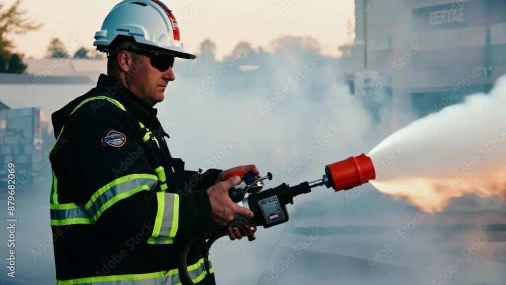 In an emergency, firefighters combat flames using water and extinguishers. In an emergency, firefighters combat flames using water and extinguishers.