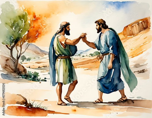 Abstract Watercolour Painting of Jacob and Esau sons of Isaac and Rebecca. Bliblical illustration. photo