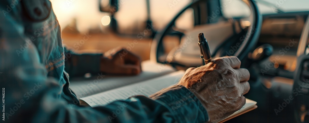 Close-up of a person's hand writing in a notebook while sitting in a vehicle. Close-up of a person's hand writing in a notebook while sitting in a vehicle.