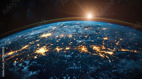 Earth from Space with City Lights and Sunrise © Sarina