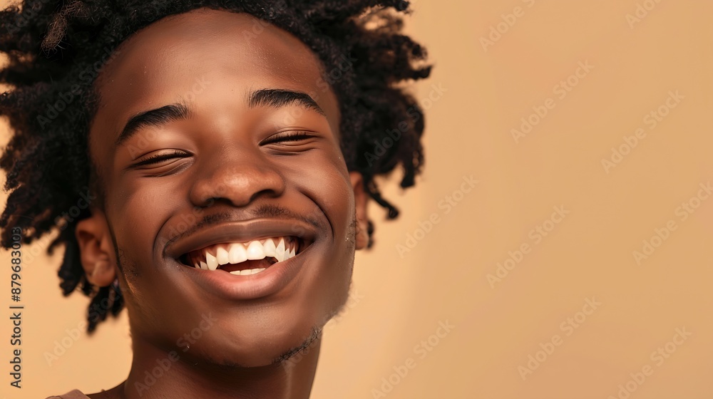 Happy young African American gen z guy winking isolated on beige background Playful ethnic teen student cool curly generation z teenager smiling with white perfect teeth close up portr : Generative AI Happy young African American gen z guy winking isolated on beige background Playful ethnic teen student cool curly generation z teenager smiling with white perfect teeth close up portr : Generative AI