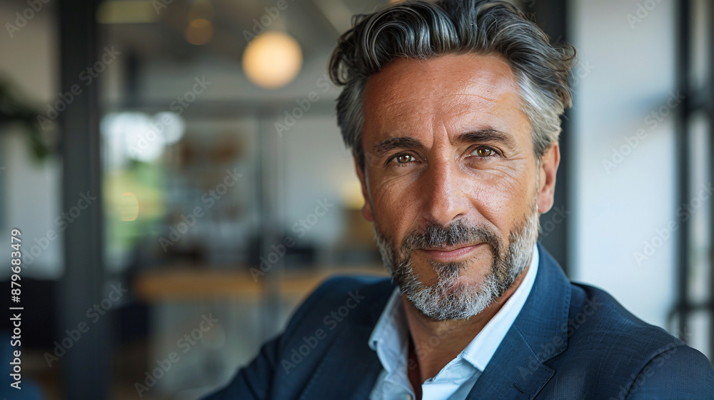 A close-up portrait of a mature man in a business suit, looking directly at the camera with a confident expression, with a blurred office background A close-up portrait of a mature man in a business suit, looking directly at the camera with a confident expression, with a blurred office background