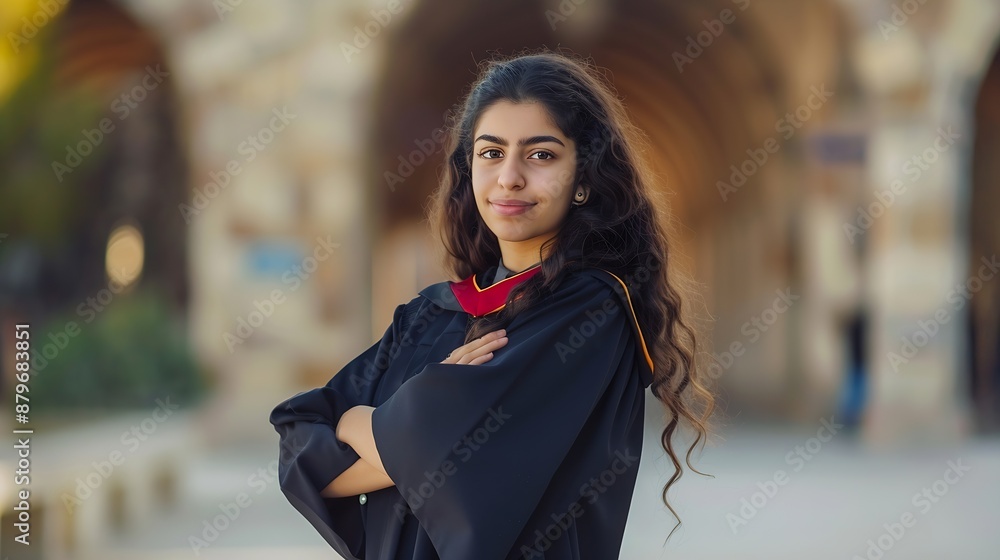 Fototapeta premium Young hispanic woman wearing graduated uniform standing with arms crossed gesture at university : Generative AI