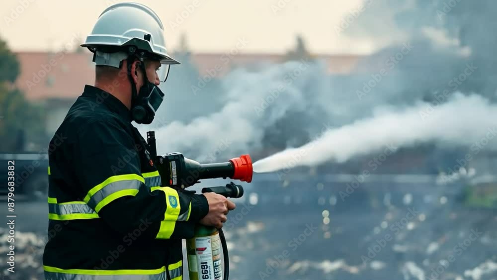 In an emergency, firefighters combat flames using water and extinguishers. In an emergency, firefighters combat flames using water and extinguishers.