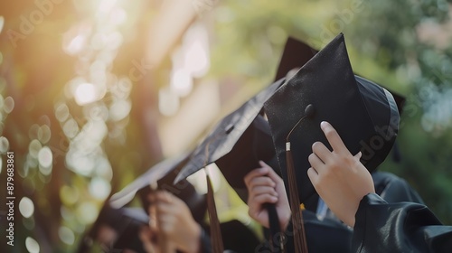 Student hold hats in hand during commencement success graduates of the university Concept education congratulation Graduation Ceremony : Generative AI